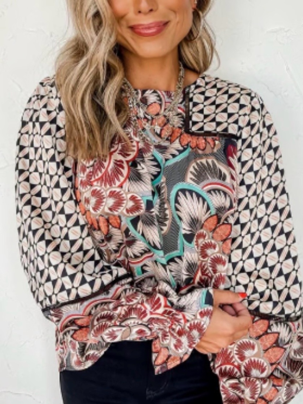 FATE Boho Mixed Print Geometric Patchwork Blouse Balloon Sleeve Silky Fall Top S